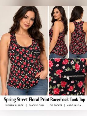 Spring Street Black Floral Zip-Pocket Racerback Tank